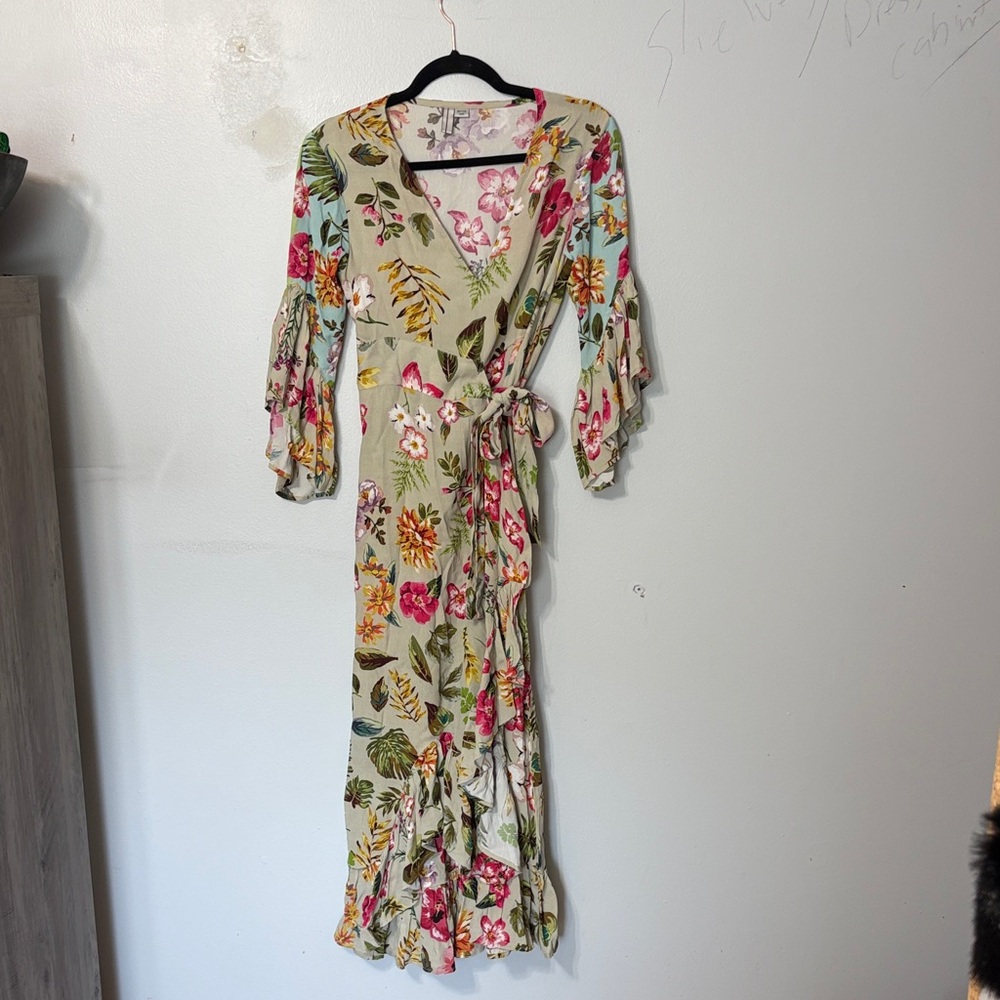 BL-NK Ruth Floral Wrap Maxi Dress Petite XS Boho Ruffle Sleeve Boho - Picture 2 of 7